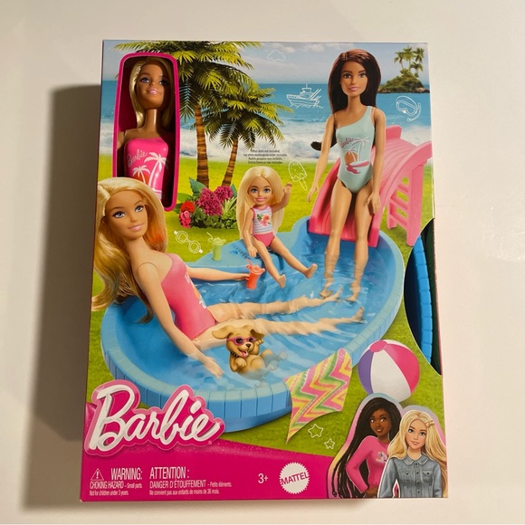 Barbie Doll and Pool Playset, Blonde in Tropical Pink One-Piece Swimsuit New - Picture 1 of 5